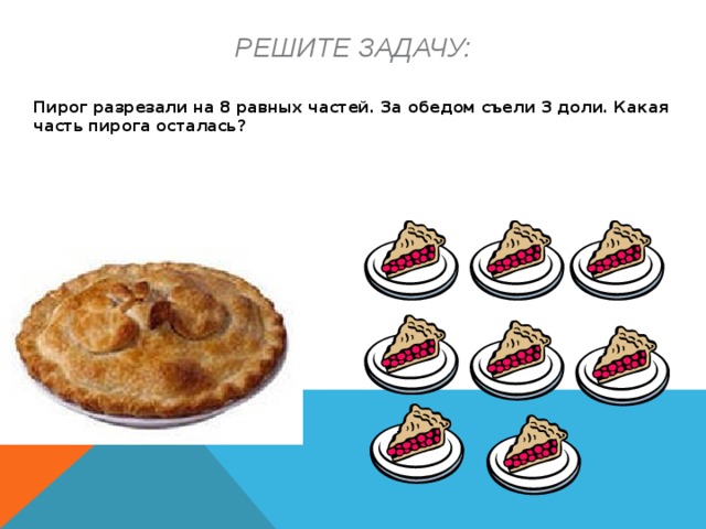 Пирог разрезали на 6 равных частей одну из них разрезали еще на 3 равные части