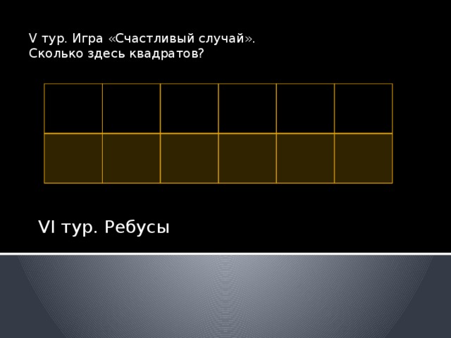 V тур. Игра «Счастливый случай». Сколько здесь квадратов? VI тур. Ребусы 