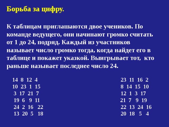 Борьба за цифру.  К таблицам приглашаются двое учеников. По команде ведущего, они начинают громко считать от 1 до 24, подряд. Каждый из участников называет число громко тогда, когда найдет его в таблице и покажет указкой. Выигрывает тот, кто раньше называет последнее число 24.   14 8 12 4 23 11 16 2  10 23 1 15 8 14 15 10  3 17 21 7 12 1 3 17  19 6 9 11 21 7 9 19  24 2 16 22 22 13 24 16  13 20 5 18 20 18 5 4 