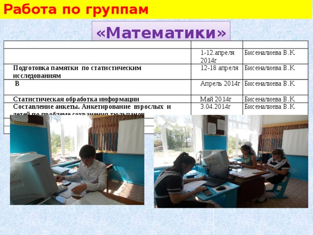 Работа по группам «Математики» Задание Сроки  Знакомство со статистическими методами обработки информации  Ответственные 1-12.апреля 2014г Подготовка памятки по статистическим исследованиям  В ыезд и проведение полевых исследований на месте произрастания дикого тюльпана. Бисеналиева В.К. 12-18 апреля Статистическая обработка информации Апрель 2014г Бисеналиева В.К. Бисеналиева В.К. Май 2014г Составление анкеты. Анкетирование взрослых и детей по проблеме сохранения тюльпанов Бисеналиева В.К. 3.04.2014г Выпуск и распространение листовок Бисеналиева В.К.   Выпуск газеты       