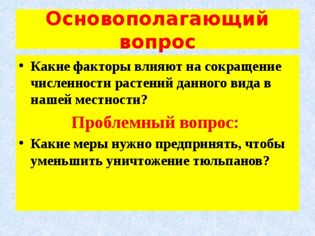 Основополагающий вопрос Какие факторы влияют на сокращение численности растений данного вида в нашей местности? Проблемный вопрос: Какие меры нужно предпринять, чтобы уменьшить уничтожение тюльпанов? 