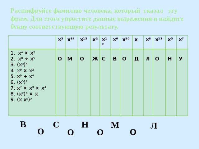 Расшифруйте фамилию человека, который сказал эту фразу. Для этого упростите данные выражения и найдите букву соответствующую результату. х 3 х 4 × х 2 х 4 × х 2 х 4 × х 2 х 14  х 8 ÷ х 5 х 8 ÷ х 5 х 8 ÷ х 5 х 13 О  3. (х 3 ) 4 М 4. х 9 × х 2  х 2 х 12 О 5. х 9 ÷ х 4  6. (х 5 ) 2  Ж х 6 С х 10  7. х 7 × х 3 × х 4  В х 8. (х 2 ) 6 × х х 8 О 9. (х х 3 ) 2   х 11 Д  х 5 Л   х 7 О Н  У В С Н М  Л О О О О 