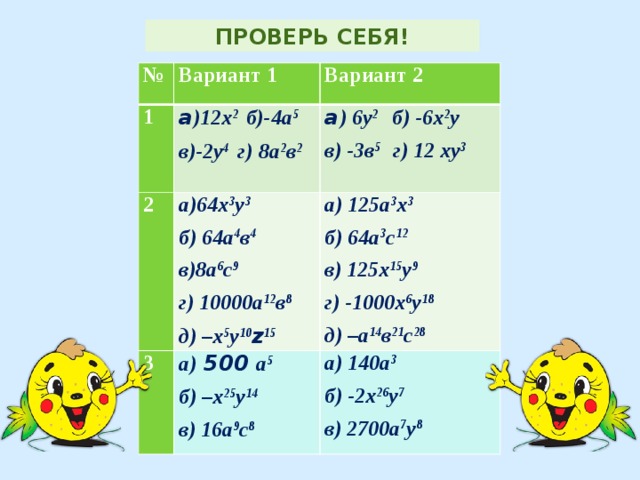 ПРОВЕРЬ СЕБЯ! № Вариант 1 1 Вариант 2 a )12х 2  б)-4а 5  2 в)-2у 4  г) 8а 2 в 2  a ) 6у 2 б) -6х 2 у а)64х 3 у 3  3 а) 500 а 5 а) 125а 3 х 3  б) 64а 4 в 4 в) -3в 5 г) 12 ху 3 в)8а 6 с 9  б) 64а 3 с 12 б) –х 25 у 14 а) 140а 3 г) 10000а 12 в 8 в) 125х 15 у 9 в) 16а 9 с 8 б) -2х 26 у 7 д) –х 5 у 10 z 15  г) -1000х 6 у 18 в) 2700а 7 у 8 д) –а 14 в 21 с 28 