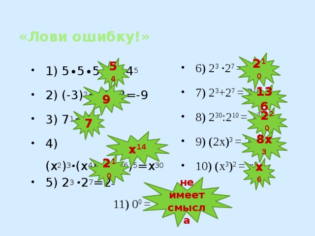   «Лови ошибку!» 2 10 5 4 6) 2 3  · 2 7 = 4 10 7) 2 3 +2 7 = 2 10 8) 2 30 :2 10 = 2 3 9) (2х) 3 = 2х 3 10) (х 3 ) 2 = х 9 1) 5∙5∙5∙5=4 5 2) (-3) 2 =-3∙3=-9 3) 7 1 =1 4) (х 2 ) 3 · (х 4 ) 2 =(х 6 ) 5 =х 30 5) 2 3 · 2 7 =2 2 9 136 2 20 7 8х 3 х 14 2 10 х 6 не имеет смысла 11) 0 0 = 1 
