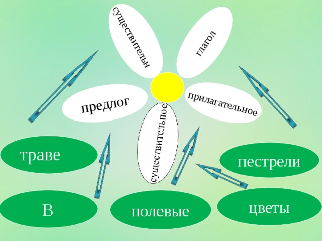 существительн ое предлог глагол прилагательное траве пестрели цветы В полевые 