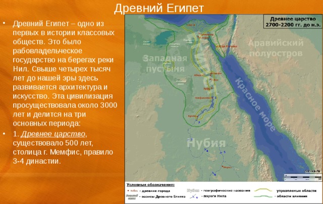 Древний Египет Древний Египет – одно из первых в истории классовых обществ. Это было рабовладельческое государство на берегах реки Нил. Свыше четырех тысяч лет до нашей эры здесь развивается архитектура и искусство. Эта цивилизация просуществовала около 3000 лет и делится на три основных периода: 1. Древнее царство , существовало 500 лет, столица г. Мемфис, правило 3-4 династии. 