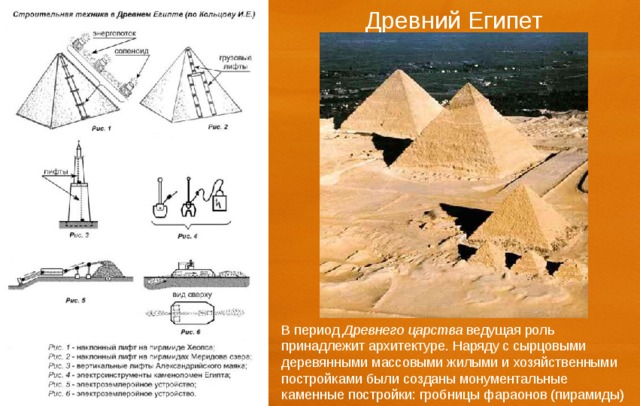 Древний Египет В период Древнего царства ведущая роль принадлежит архитектуре. Наряду с сырцовыми  деревянными массовыми жилыми и хозяйственными постройками  были созданы монументальные каменные постройки:  гробницы фараонов (пирамиды) 