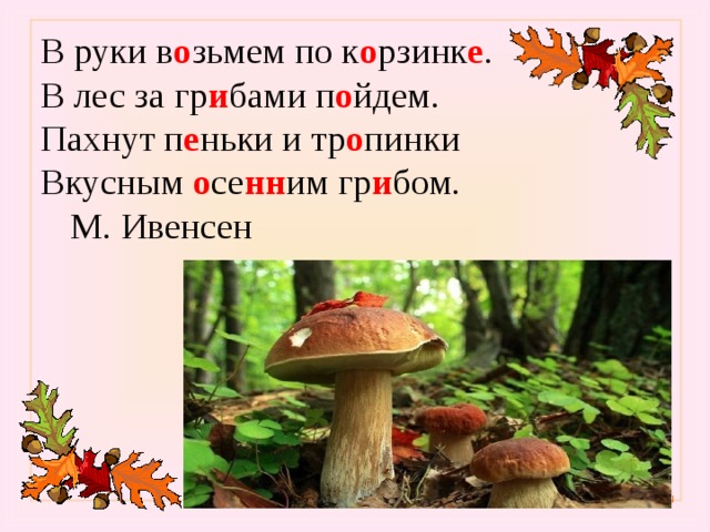 В руки в о зьмем по к о рзинк е .  В лес за гр и бами п о йдем.  Пахнут п е ньки и тр о пинки  Вкусным о се нн им гр и бом.       М. Ивенсен   