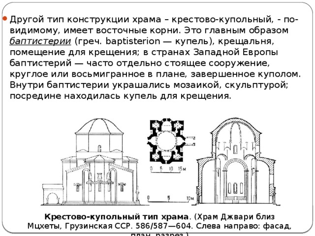 Другой тип конструкции храма – крестово-купольный, - по-видимому, имеет восточные корни. Это главным образом баптистерии (греч. baptisterion — купель), крещальня, помещение для крещения; в странах Западной Европы баптистерий — часто отдельно стоящее сооружение, круглое или восьмигранное в плане, завершенное куполом. Внутри баптистерии украшались мозаикой, скульптурой; посредине находилась купель для крещения. Крестово-купольный тип храма . (Храм Джвари близ Мцхеты, Грузинская ССР. 586/587—604. Слева направо: фасад, план, разрез.) 