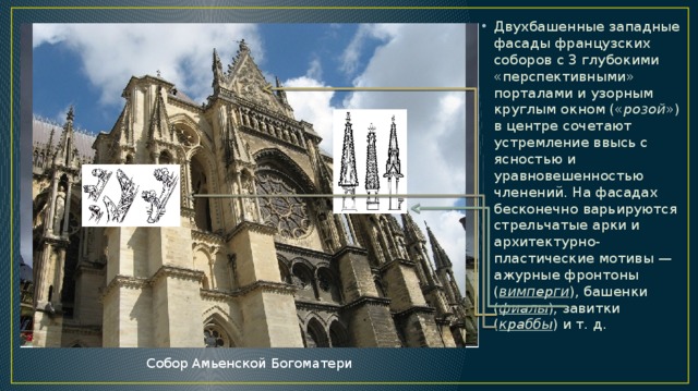 Двухбашенные западные фасады французских соборов с 3 глубокими «перспективными» порталами и узорным круглым окном (« розой ») в центре сочетают устремление ввысь с ясностью и уравновешенностью членений. На фасадах бесконечно варьируются стрельчатые арки и архитектурно-пластические мотивы — ажурные фронтоны ( вимперги ), башенки ( фиалы ), завитки ( краббы ) и т. д. Собор Амьенской Богоматери 