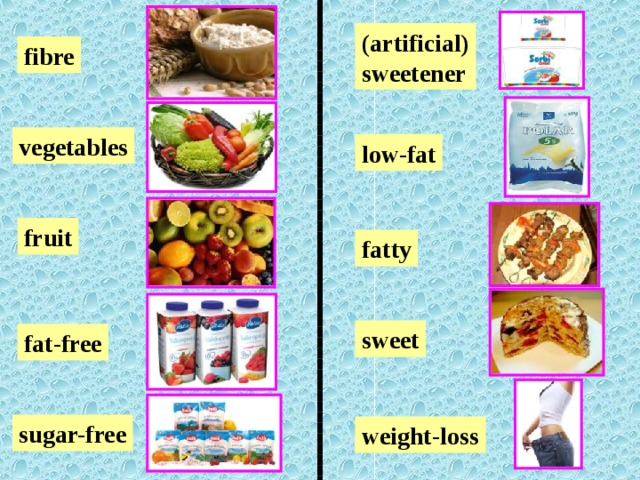 (artificial) sweetener fibre vegetables low-fat fruit fatty sweet fat-free sugar-free weight-loss 