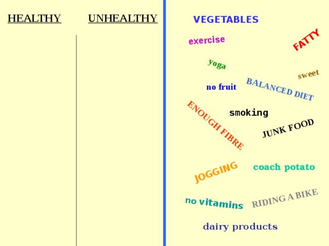 yoga FATTY exercise BA LANCED DIET sweet JOGGING no vitamins ENOUGH FIBRE JUNK FOOD RIDING A BIKE UNHEALTHY HEALTHY VEGETABLES no fruit smoking coach potato dairy products 