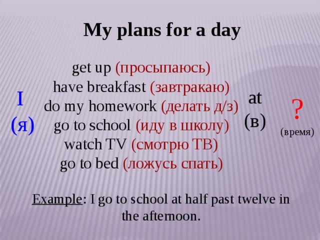 My plans for a day get up ( просыпаюсь) have breakfast  (завтракаю) do my homework  (делать д/з) go to school  (иду в школу) watch TV  (смотрю ТВ) go to bed (ложусь спать) I (я) at (в) ? ( время) Example : I go to school at half past twelve in the afternoon. 