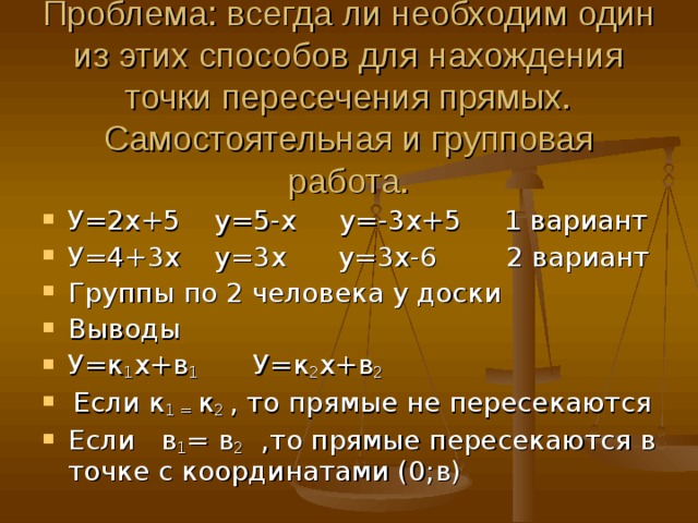 Проблема: всегда ли необходим один из этих способов для нахождения точки пересечения прямых. Самостоятельная и групповая работа. У=2х+5 у=5-х у=-3х+5 1 вариант У=4+3х у=3х у=3х-6 2 вариант Группы по 2 человека у доски Выводы У=к 1 х+в 1 У=к 2 х+в 2  Если к 1 = к 2 , то прямые не пересекаются Если в 1 = в 2 ,то прямые пересекаются в точке с координатами (0;в)  