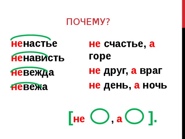 ПОЧЕМУ? не настье не нависть не вежда не вежа  не счастье, а горе не друг, а враг не день, а ночь [ не , а ]. 