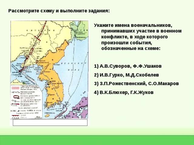 Рассмотрите схему и выполните задания: Укажите имена военачальников, принимавших участие в военном конфликте, в ходе которого произошли события, обозначенные на схеме:  1) А.В.Суворов, Ф.Ф.Ушаков 2) И.В.Гурко, М.Д.Скобелев 3) З.П.Рожественский, С.О.Макаров 4) В.К.Блюхер, Г.К.Жуков 