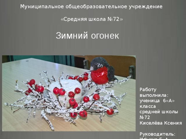 Муниципальное общеобразовательное учреждение  «Средняя школа №72»  Проект по теме Зимний огонек Работу выполнила: ученица 6«А» класса средней школы №72 Киселёва Ксения Руководитель: Ильина Е. А. 