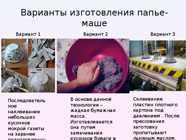 Варианты изготовления папье-маше   Вариант 1   Вариант 2   Вариант 3 Склеивание пластин плотного картона под давлением . После прессования заготовку пропитывают льняным маслом, сушат в при температуре до 100˚С.  В основе данной технологии – жидкая бумажная масса. Изготавливается она путем замачивания кусочков бумаги в горячей воде. Последовательное наклеивание небольших кусочков мокрой газеты на заранее подготовленную основу. 