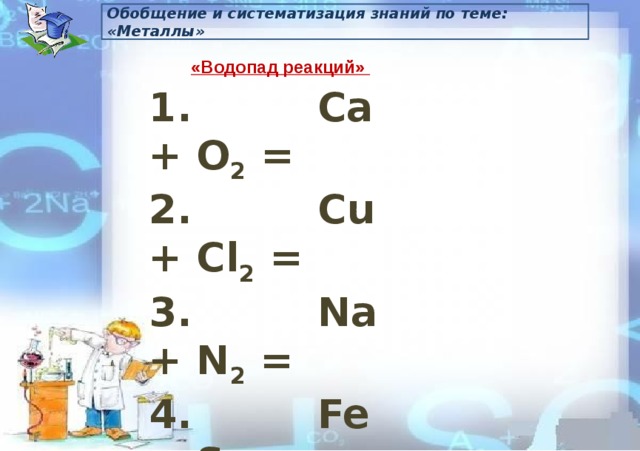 Обобщение и систематизация знаний по теме: «Металлы» «Водопад реакций»   1.         Ca + O 2  = 2.         Cu + Cl 2  = 3.         Na + N 2  = 4.         Fe + S = 5.         K + H 2  = 6.         Zn + FeCl 3  = 