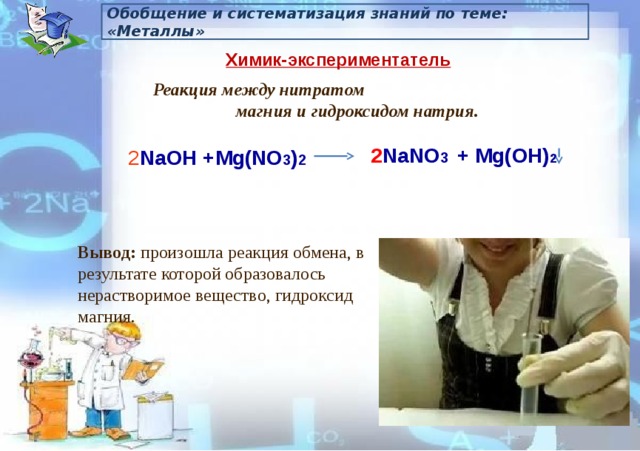 Обобщение и систематизация знаний по теме: «Металлы» Химик-экспериментатель  Реакция между нитратом магния и гидроксидом натрия.  2 NaNO 3  + Mg(OH) 2 2 NaOH +Mg(NO 3 ) 2  Вывод: произошла реакция обмена, в результате которой образовалось нерастворимое вещество, гидроксид магния. 