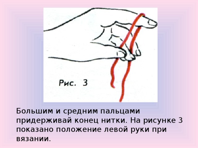 Большим и средним пальцами придерживай конец нитки. На рисунке 3 показано положение левой руки при вязании. 