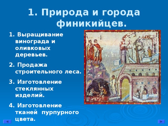 1. Природа и города финикийцев.  Выращивание винограда и оливковых деревьев.  Продажа строительного леса.  Изготовление стеклянных изделий.  Изготовление тканей пурпурного цвета.  