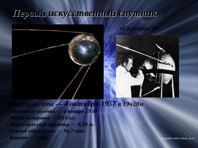Первый искусственный спутник «Спутник-1» Начало полёта — 4 октября 1957 в 19ч28м Окончание полёта — 4 января 1958 Масса аппарата — 83,6 кг; Максимальный диаметр — 0,58 м. Период обращения — 96,7 мин. Витков — 1440 