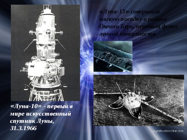   « Луна-13 » совершила мягкую посадку в районе Океана Бурь, передала фото лунной поверхности   « Луна-10 » - первый в мире искусственный спутник Луны, 31.3.1966 