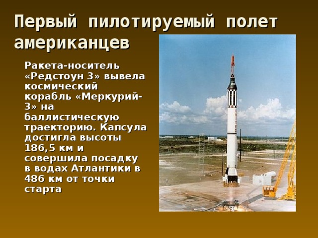 Первый пилотируемый полет американцев  Ракета-носитель «Редстоун 3» вывела космический корабль «Меркурий-3» на баллистическую траекторию. Капсула достигла высоты 186,5 км и совершила посадку в водах Атлантики в 486 км от точки старта 
