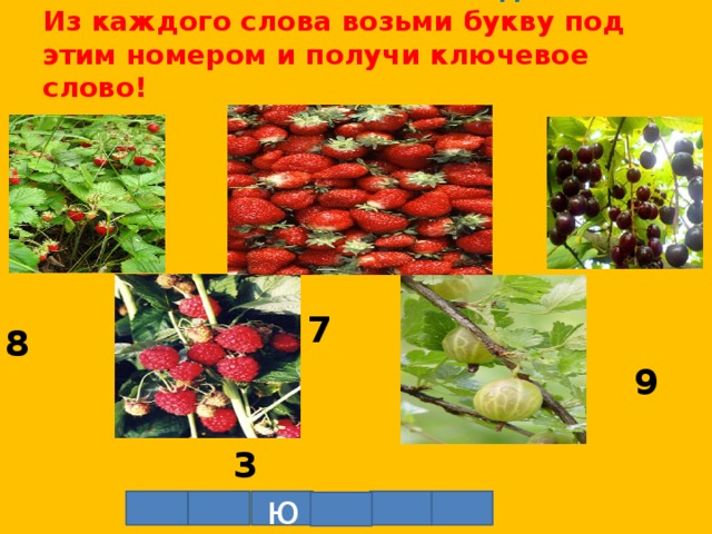  Загадка  Из каждого слова возьми букву под этим номером и получи ключевое слово!  9  8  7   3   6 ю 