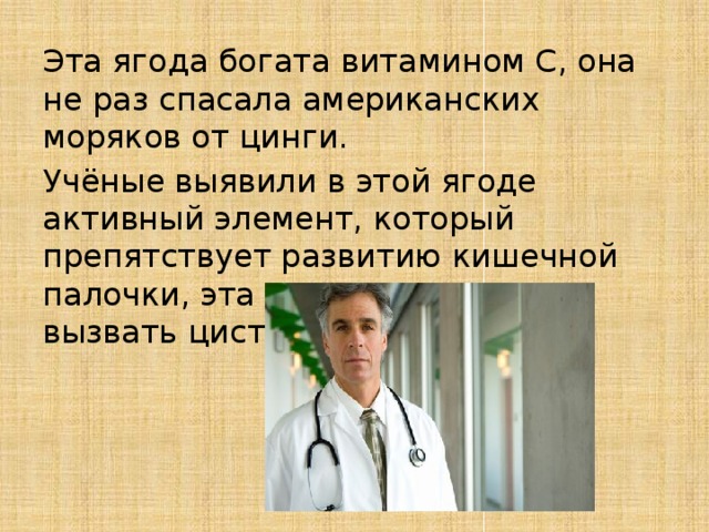 Эта ягода богата витамином С, она не раз спасала американских моряков от цинги. Учёные выявили в этой ягоде активный элемент, который препятствует развитию кишечной палочки, эта палочка может вызвать цистит и нефрит. 