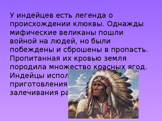 У индейцев есть легенда о происхождении клюквы. Однажды мифические великаны пошли войной на людей, но были побеждены и сброшены в пропасть. Пропитанная их кровью земля породила множество красных ягод. Индейцы использовали для приготовления мяса, для залечивания ран. 