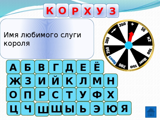 К О У Р З Х Имя любимого слуги короля А В Б Д Ё Е Г И З М К Н Л Ж Й У Р Ф Х О П С Т Я Э Ю Ь Ы Щ Ч Ц Ш