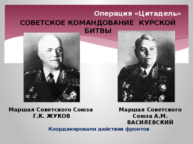 Операция «Цитадель» СОВЕТСКОЕ КОМАНДОВАНИЕ КУРСКОЙ БИТВЫ Маршал Советского Союза А.М. ВАСИЛЕВСКИЙ Маршал Советского Союза Г.К. ЖУКОВ Координировали действия фронтов 