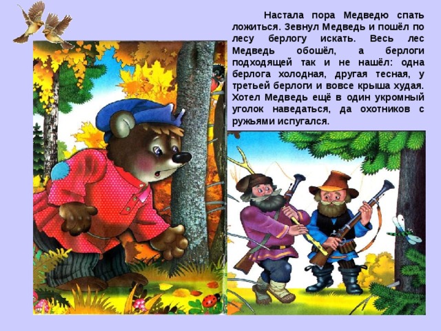 Настала пора Медведю спать ложиться. Зевнул Медведь и пошёл по лесу берлогу искать. Весь лес Медведь обошёл, а берлоги подходящей так и не нашёл: одна берлога холодная, другая тесная, у третьей берлоги и вовсе крыша худая. Хотел Медведь ещё в один укромный уголок наведаться, да охотников с ружьями испугался. 