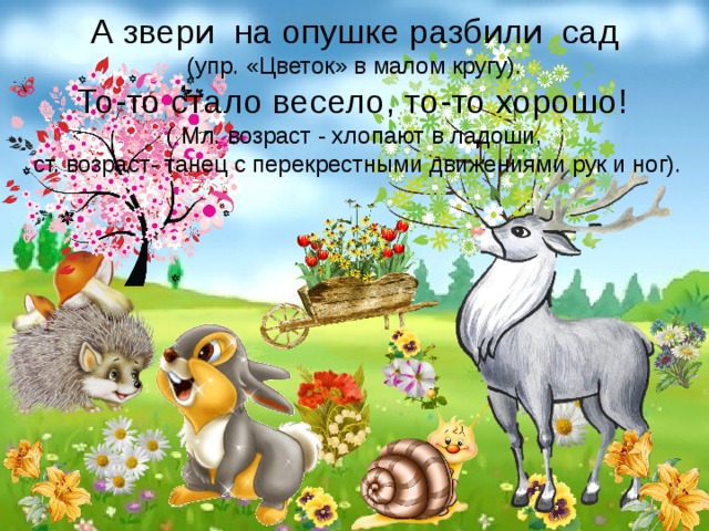  А звери на опушке разбили сад  (упр. «Цветок» в малом кругу).   То-то стало весело, то-то хорошо!  ( Мл. возраст - хлопают в ладоши,  ст. возраст- танец с перекрестными движениями рук и ног).      