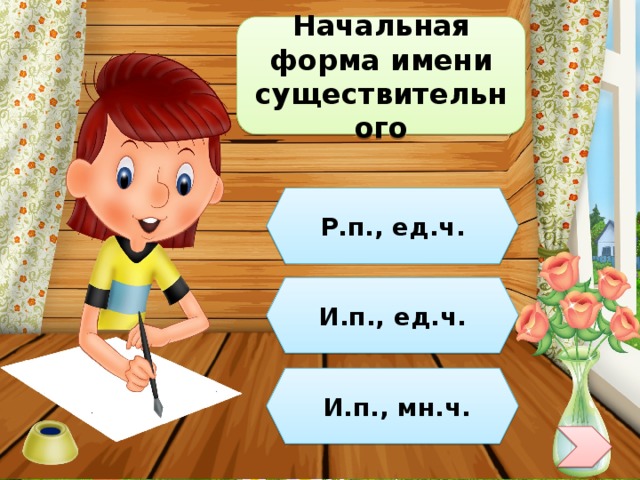 Начальная форма имени существительного Р.п., ед.ч. И.п., ед.ч.  И.п., мн.ч. 