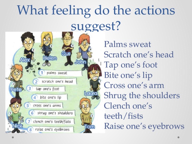 What feeling do the actions suggest? Palms sweat Scratch one’s head Tap one’s foot Bite one’s lip Cross one’s arm Shrug the shoulders Clench one’s teeth/fists Raise one’s eyebrows 