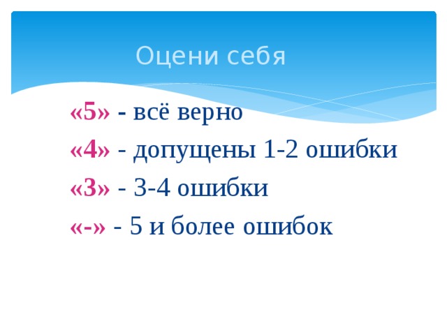 Оцени себя «5» - всё верно «4» - допущены 1-2 ошибки «3» - 3-4 ошибки «-» - 5 и более ошибок 