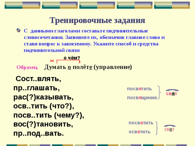 Тренировочные задания С данными глаголами составьте подчинительные словосочетания. Запишите их, обозначив главное слово и ставя вопрос к зависимому. Укажите способ и средства подчинительной связи  Образец.  Думать о полёт е (управление) о чём?  Сост..влять, пр..глашать, рас(?)казывать, осв..тить (что?), посв..тить (чему?), вос(?)тановить, пр..под..вать. посв я тить посв я щение св я т посв е тить осв е тить св е т 