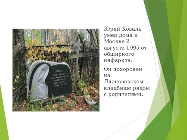 Юрий Коваль умер дома в Москве 2 августа 1995 от обширного инфаркта. Он похоронен на Лианозовском кладбище рядом с родителями. 