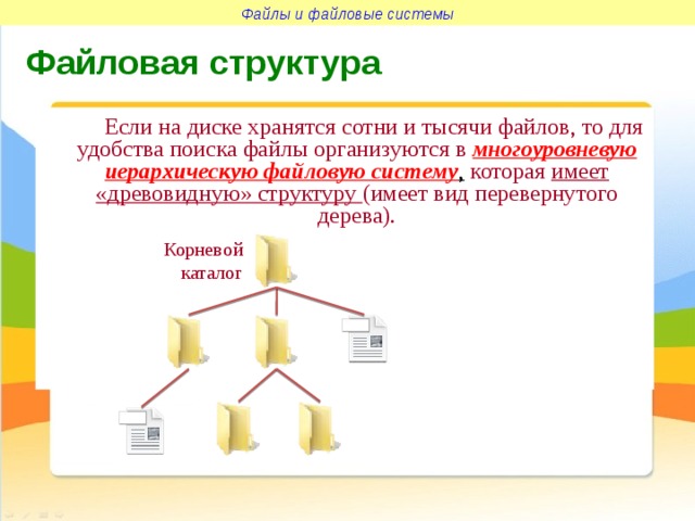 Файлы и файловые системы Файловая структура  Если на диске хранятся сотни и тысячи файлов, то для удобства поиска файлы организуются в  многоуровневую иерархическую файловую систему ,  которая имеет «древовидную» структуру (имеет вид перевернутого дерева). Корневой каталог 
