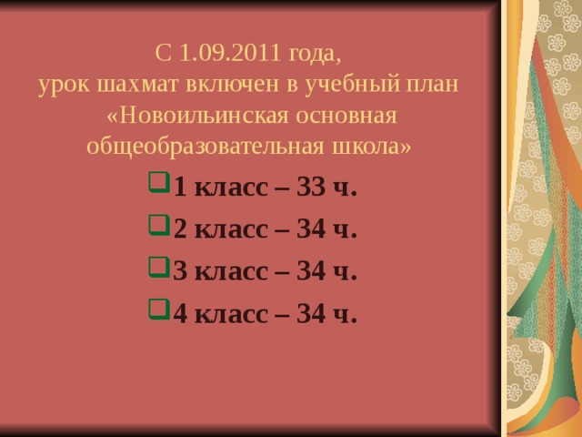 С 1.09.2011 года,  урок шахмат включен в учебный план  «Новоильинская основная общеобразовательная школа»  1 класс – 33 ч. 2 класс – 34 ч. 3 класс – 34 ч. 4 класс – 34 ч.  