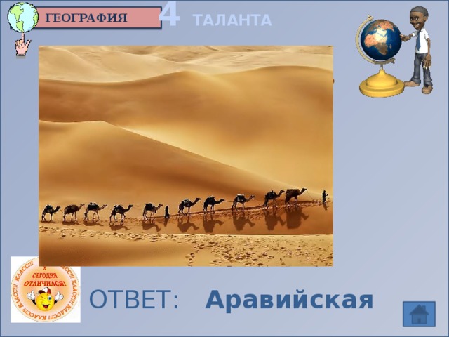 4 ТАЛАНТА ГЕОГРАФИЯ   Пустыня, занимающая весь крупнейший в мире полуостров  ОТВЕТ: Аравийская