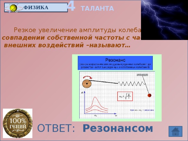 4 ТАЛАНТА ФИЗИКА  Резкое увеличение амплитуды колебания при совпадении собственной частоты с частотой  внешних воздействий –называют… ОТВЕТ: Резонансом