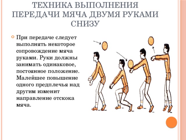 Техника выполнения передачи мяча двумя руками снизу. Передача мяча двумя руками с отскоком от пола.