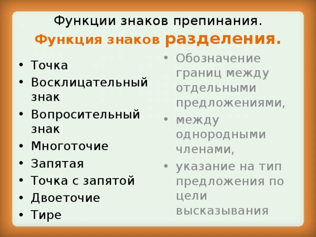Функции знаков препинания.  Функция знаков разделения. Точка Восклицательный знак Вопросительный знак Многоточие Запятая Точка с запятой Двоеточие Тире Обозначение границ между отдельными предложениями, между однородными членами, указание на тип предложения по цели высказывания 