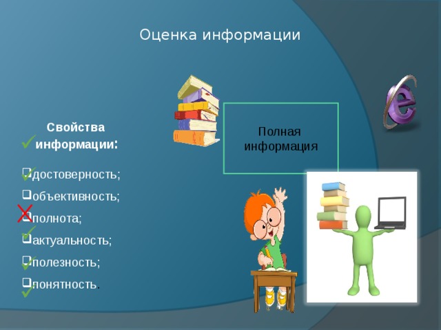 Оценка информации Полная информация Свойства информации : достоверность; объективность; полнота; актуальность; полезность; понятность .   Иногда схемы лучше изображать горизонтально.