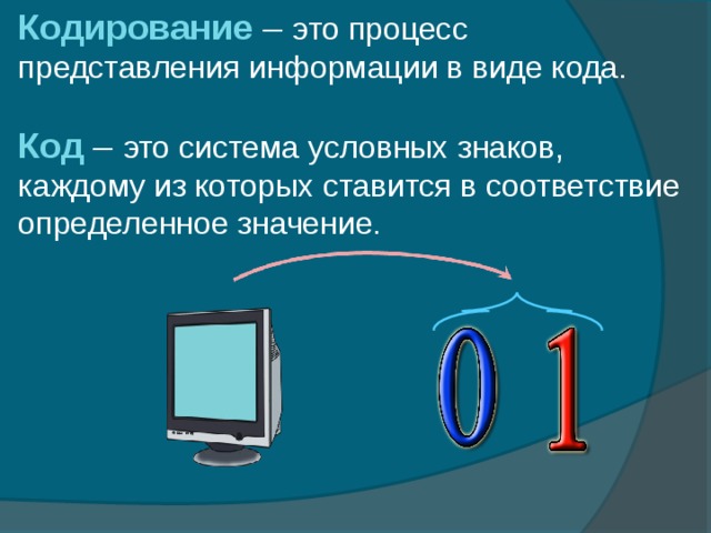 Кодирование – это процесс представления информации в виде кода. Код – это система условных знаков, каждому из которых ставится в соответствие определенное значение.