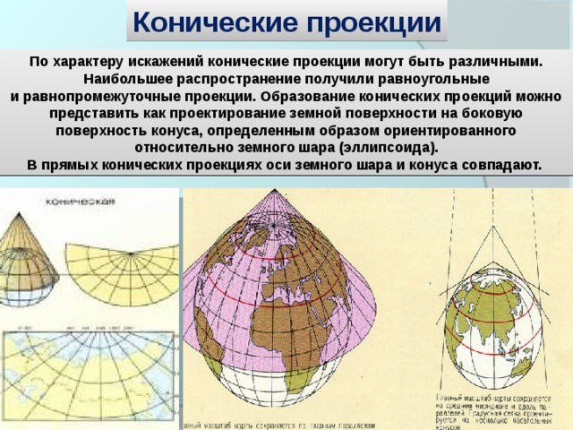 Образование проекций. Коническая проекция. Коническая проекция карты. Равноугольная коническая проекция. Проекции по характеру искажений.